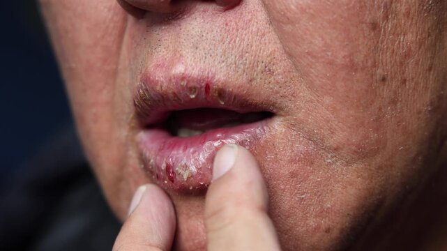 Closeup of elderly Asian man with dry face and painful chapped cracked lips with dryness during winter without any protection