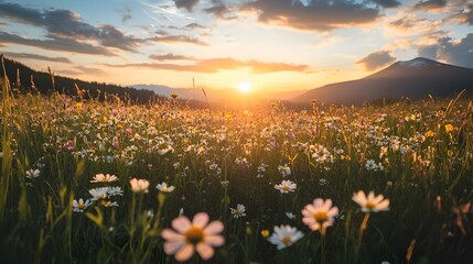 Fototapeta premium Breathtaking Sunset Over a Wildflower Meadow with Mountain Backdrop