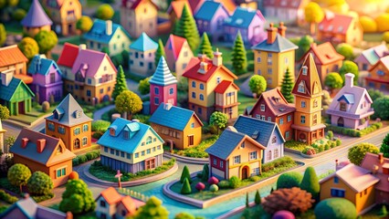 Fototapeta premium Colorful, whimsical miniature town with pastel-colored houses and fantastical structures in an isometric perspective