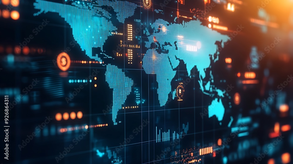 Poster global payment gateway interface with secure digital transactions and currency symbols