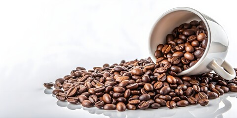 Fototapeta premium Coffee beans spilled out of a cup on white background, coffee beans, spilled, cup, isolated, white background, mess