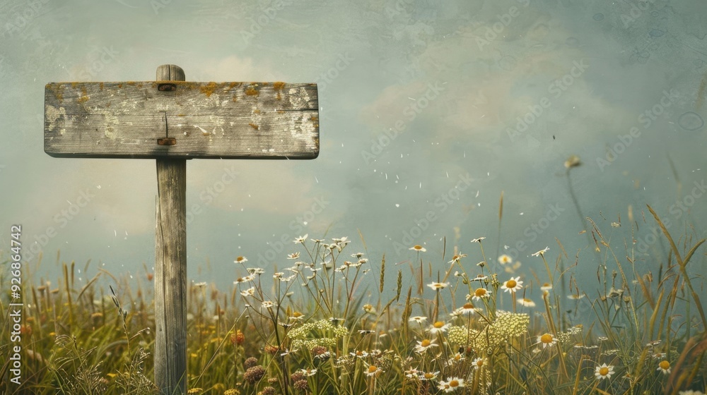 Canvas Prints A rustic wooden signpost with faded paint, standing alone in a field of wildflowers, creating a vintage feel.