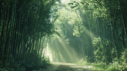Obraz premium A serene bamboo forest path, with light filtering through the leaves, creating a tranquil atmosphere.