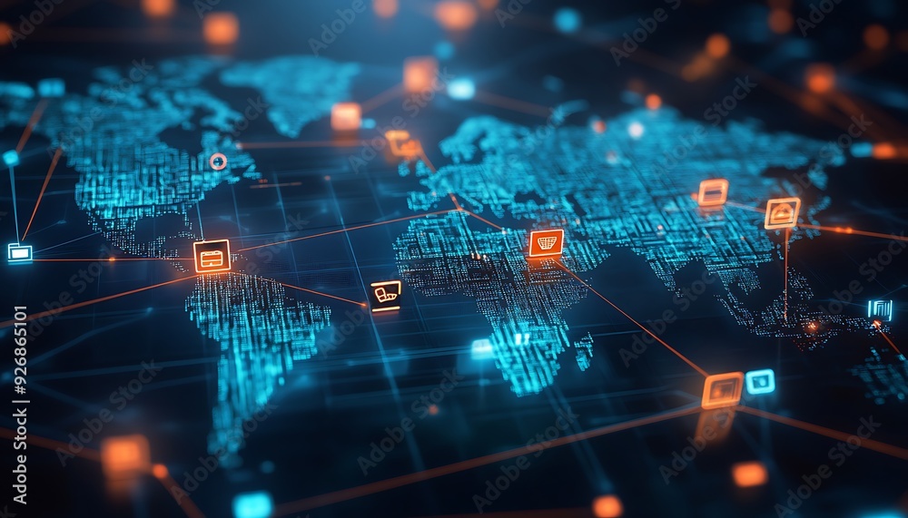 Aufkleber digital world map with online marketplace icons showing flow of goods and services