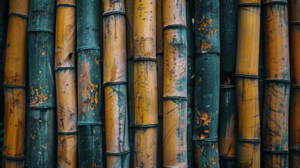 Fototapeta premium A stack of bamboo poles neatly arranged, showcasing their natural texture and color variations