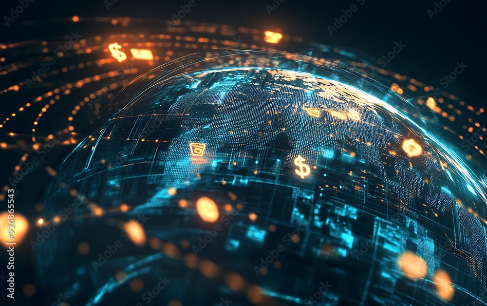 Poster Digital Globe with Currency Symbols Showing Cross-Border Transactions and E-Commerce Channels