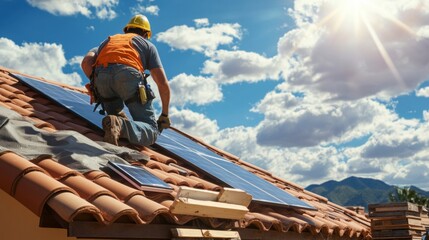 A master in a uniform and helmet repairs tiles on the roof of a house. Roofing, repair and reconstruction.