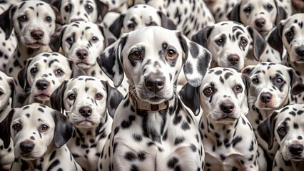 Spotted dalmatian surrounded by 101 puppies, showing pride and happiness, dalmatian, puppies, happy, proud, parent, canine