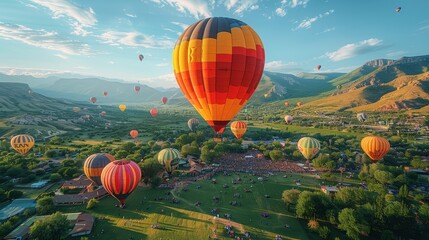 Fototapeta premium Colorful Hot Air Balloons Soaring Over Mountainous Landscape