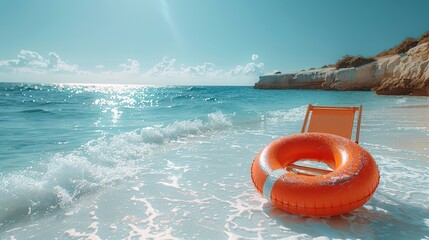 Obraz premium Orange Inflatable Life Ring and Beach Chair on Sandy Shore