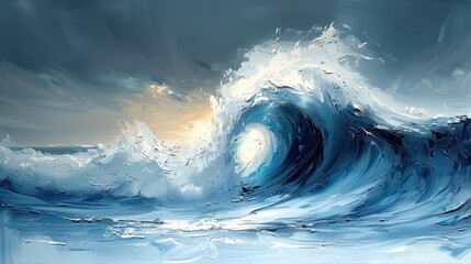 Abstract Painting of a Large Blue Wave Crashing on the Ocean