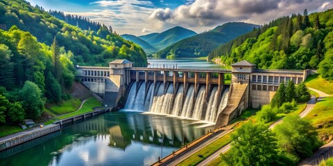 Fototapeta premium Hydroelectric dam situated in a picturesque setting surrounded by lush greenery
