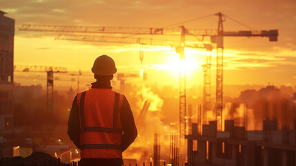 Fototapeta premium Construction worker overseeing a cityscape at sunrise, surrounded by cranes and buildings