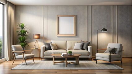 Sleek interior background with light colored wall, frame, sofa set, chair, and lamp on the table, sleek, interior, background