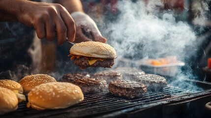 Close up of Vendor Flipping Burgers on Smoky Grill with Toppings Ready