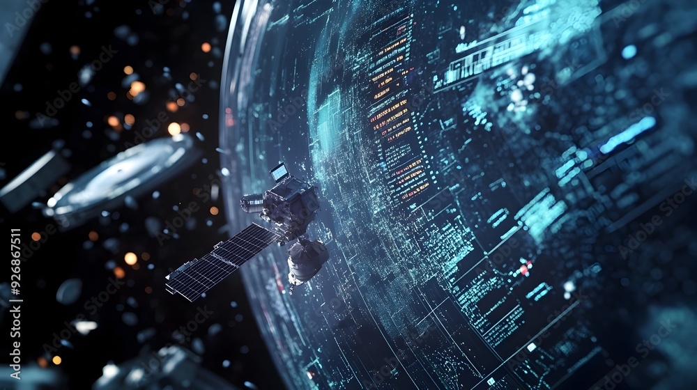 Aufkleber Close up of a Spacecraft s Advanced Radar System Tracking Space Debris with Real Time Data Visualization