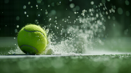 Tennis ball skidding on wet grass court with water splashes.
