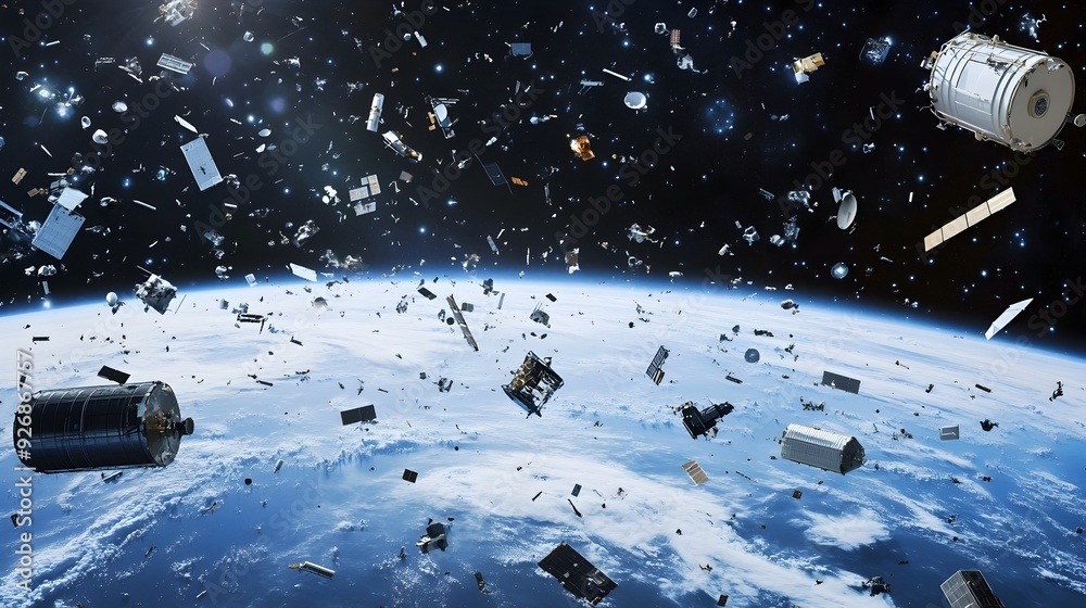 Poster cluttered earth orbit filled with abandoned space debris and junk