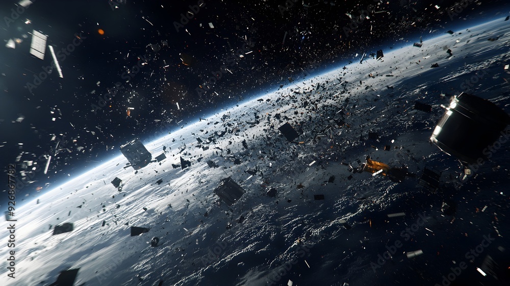 Poster cluttered low earth orbit with visible planet earth in the distance