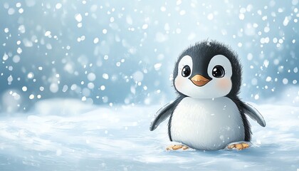 A flat art illustration of a baby penguin sliding on its belly across the ice, with a happy expression and a snowy landscape in the background copy space for text, high detailed