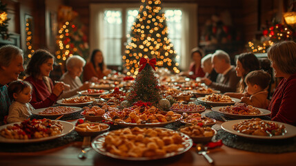 A happy family having dinner at Christmas time. Candid natural view.