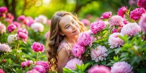 Obraz premium Beauty girl surrounded by blooming peonies in a serene garden setting, peonies, serenade, beautiful girl, blossoms, nature