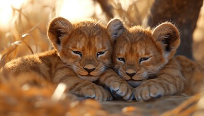 Obraz premium A 3D rendered image of a baby lion cub cuddling with its siblings, with a loving and playful expression, set against a warm savannah backdrop copy space for text, high detailed