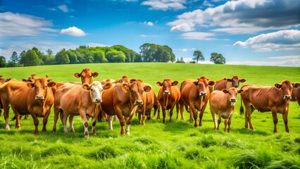 Fototapeta premium Herd of cows grazing in green pasture, cows, livestock, farm, agriculture, animals, herd, rural, countryside, grass, field