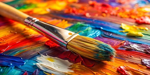 Obraz premium Close-up of artist's paintbrush on vibrant palette with abstract strokes in background, art, creativity, paintbrush