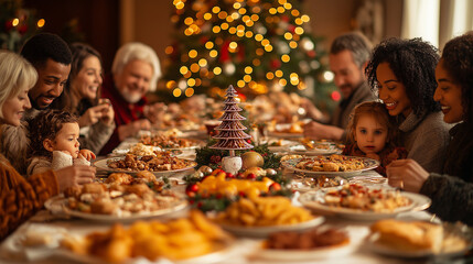 A happy family having dinner at Christmas time. Candid natural view.