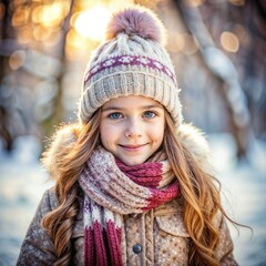 Little Girl in Wool Knit Hat with Loose Hair in a Snowy Winter Park