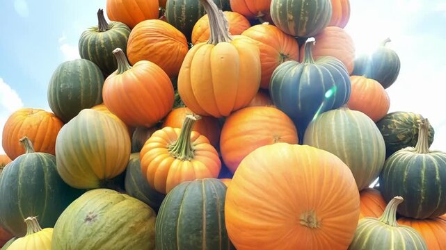 Large pile of orange and green pumpkins creating a festive autumn scene. Perfect for backgrounds, websites, and projects related to fall, halloween, thanksgiving, and seasonal celebrations