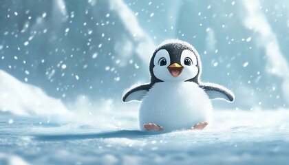 A flat art illustration of a baby penguin sliding on its belly across the ice, with a happy expression and a snowy landscape in the background copy space for text, high detailed