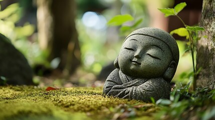 Obraz premium A serene stone statue of a smiling child with closed eyes, sitting amongst lush green moss and foliage.