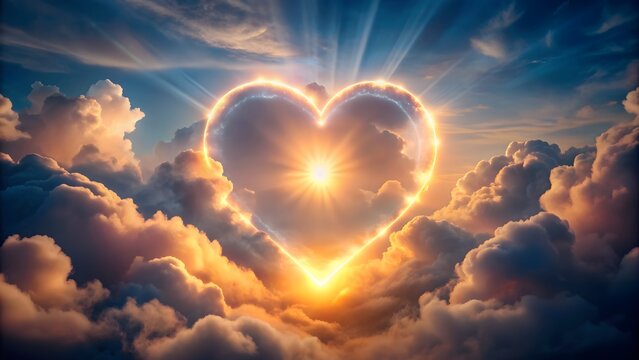 Heart-shaped glowing light in a dramatic cloud formation representing love and romance, romance, love, heart, glowing