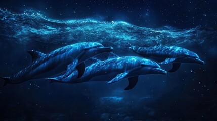 Fototapeta premium Dolphins Swimming in a Starry Night