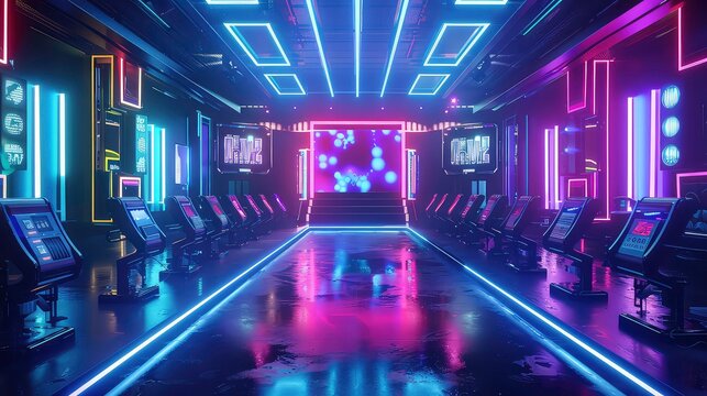 A long corridor with neon lights and rows of chairs. The walls are black and have some geometric shapes made out of neon lights. The floor is reflective and the lights create a colorful reflection.