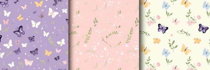 Set of Three Seamless Patterns in Pastel Purple with Pink and Green Accents Featuring Butterflies