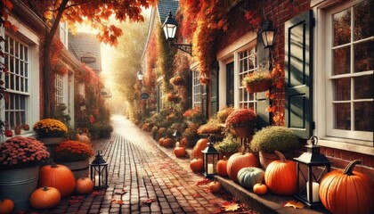 Naklejka premium Charming cobblestone street lined with pumpkins, autumn leaves, and potted plants in a festive fall setting.