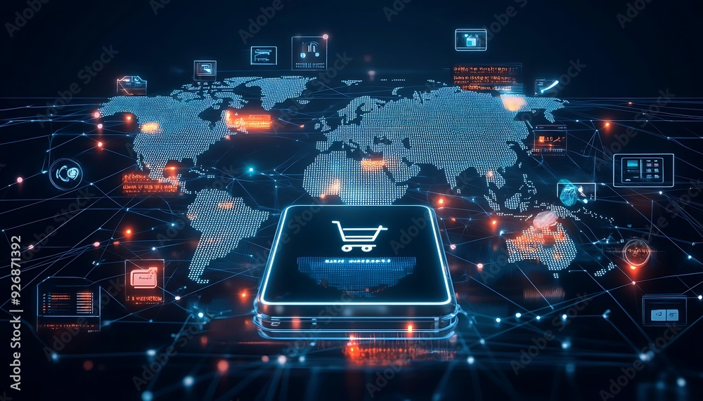 Aufkleber Futuristic Mobile Commerce Interface with Global Transactions and Real-Time Tracking