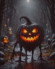 Halloween pumpkin monster in forest.