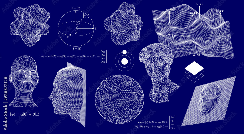 Poster large set of 3d vector illustrations related to scientific technology, showing abstract figures and 