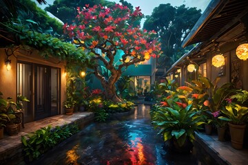 Fototapeta premium A mesmerizing tropical haven bathed in the warm glow of lanterns, where vibrant flora and a majestic red-bloomed tree create an enchanting ambiance.9875