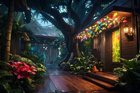 A mesmerizing tropical haven bathed in the warm glow of fairy lights, where lush foliage and exotic blooms create a magical atmosphere.1584