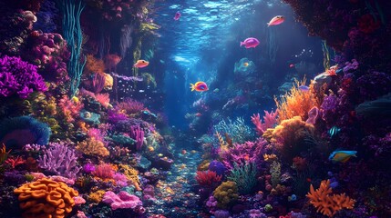 Naklejka premium Enchanting Underwater Realm of Vibrant Coral Reefs and Friendly Aquatic Creatures