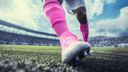 Close-up of the legs of a soccer player wearing pink thigh-high stockings to support Breast Cancer Awareness.  - Powered by adobe