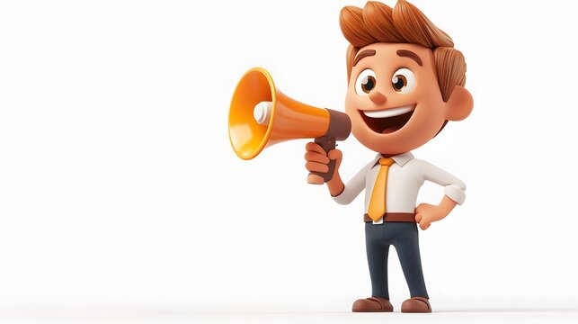 Cheerful Cartoon Businessman Holding a Megaphone.