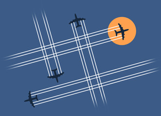 Busy air traffic is illustrated with jet airliners crossing vapor trails that follow the planes in an illustration.