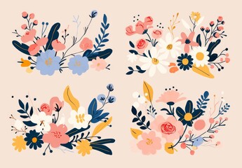 Set of Four Cute Flat Illustration Postcards Featuring Daisies and Roses with Bold Black Outlines on Pastel Pink and Blue Backgrounds
