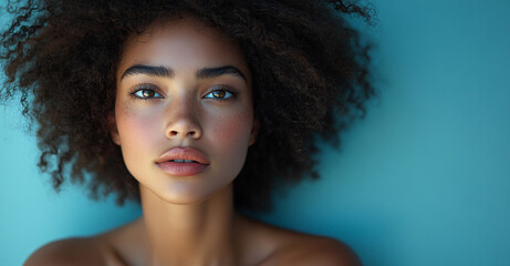 Fototapeta premium An African American biracial woman is looking thoughtful with copy space in the background.